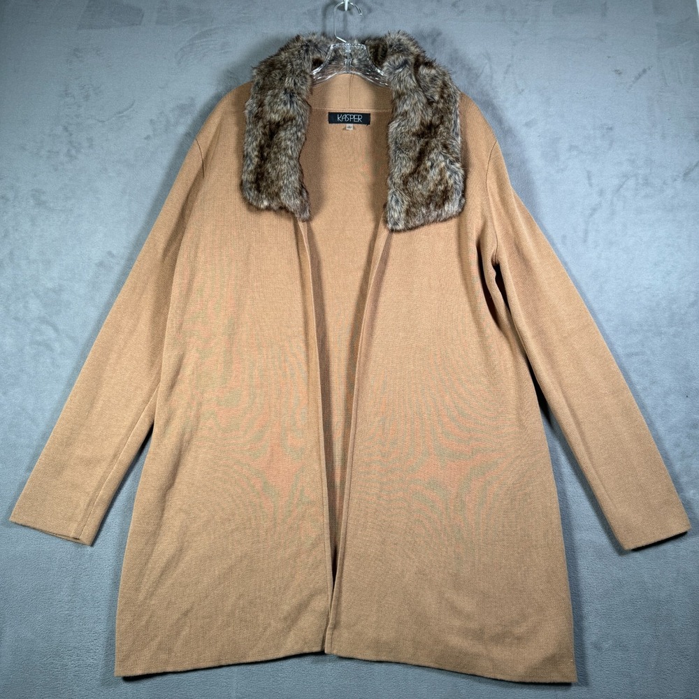 Kasper Cardigan Sweater Womens L Tan Faux Fur Collar Open Chic Classy Luxury NEW